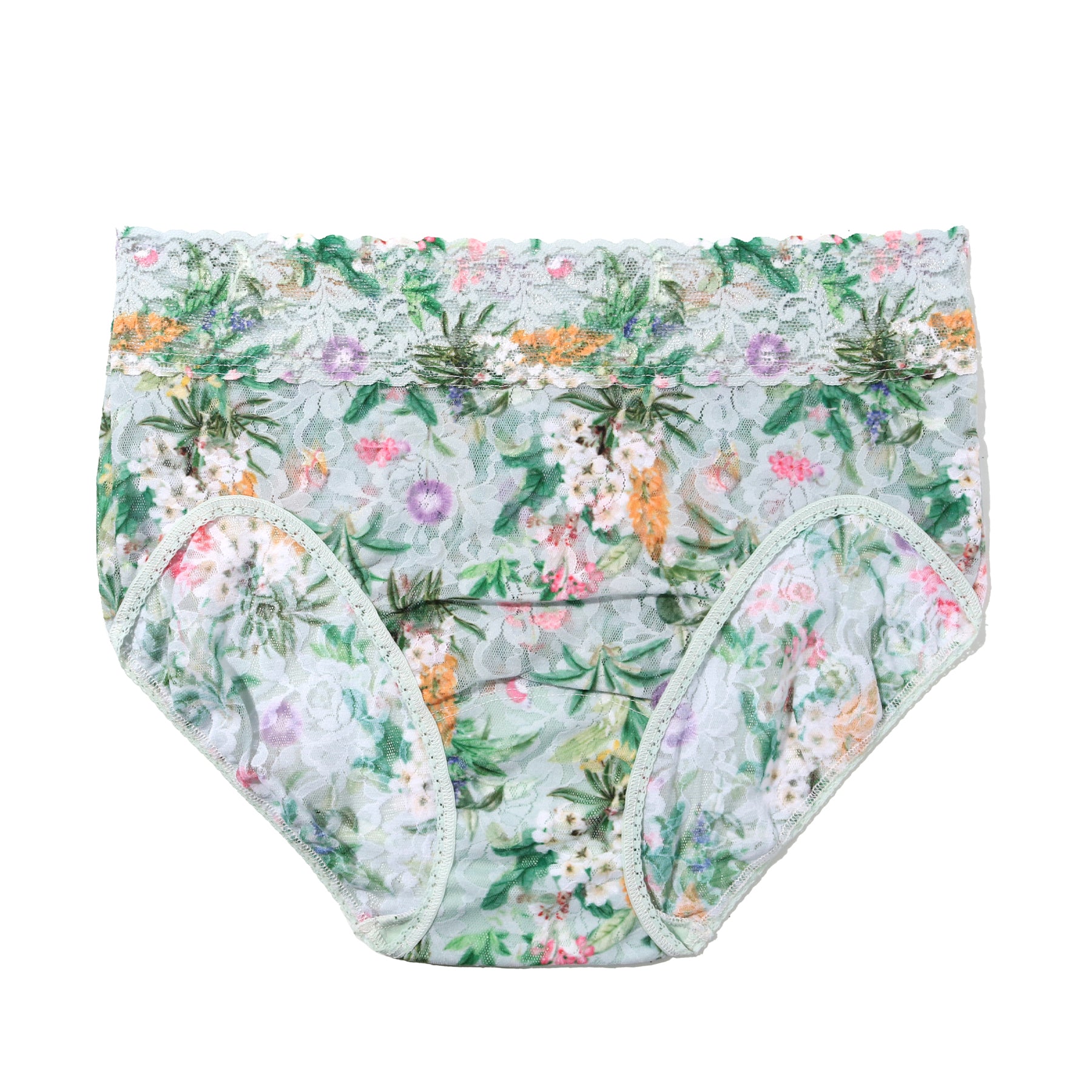 Flat lay of floral lace high-waisted briefs in a pastel botanical print with scalloped lace trim.