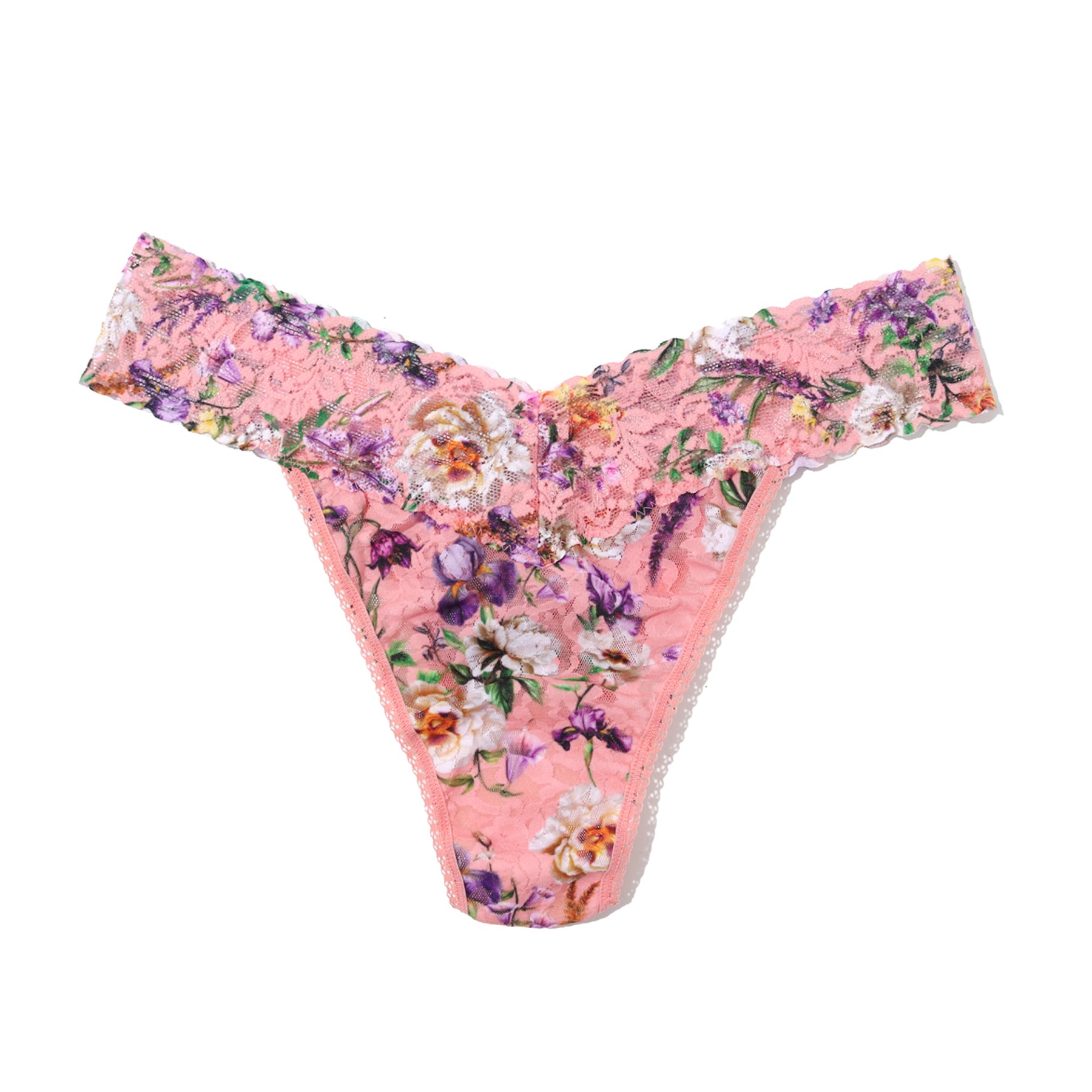 Pink floral lace thong underwear flat lay with multicolour floral print and lace waistband.