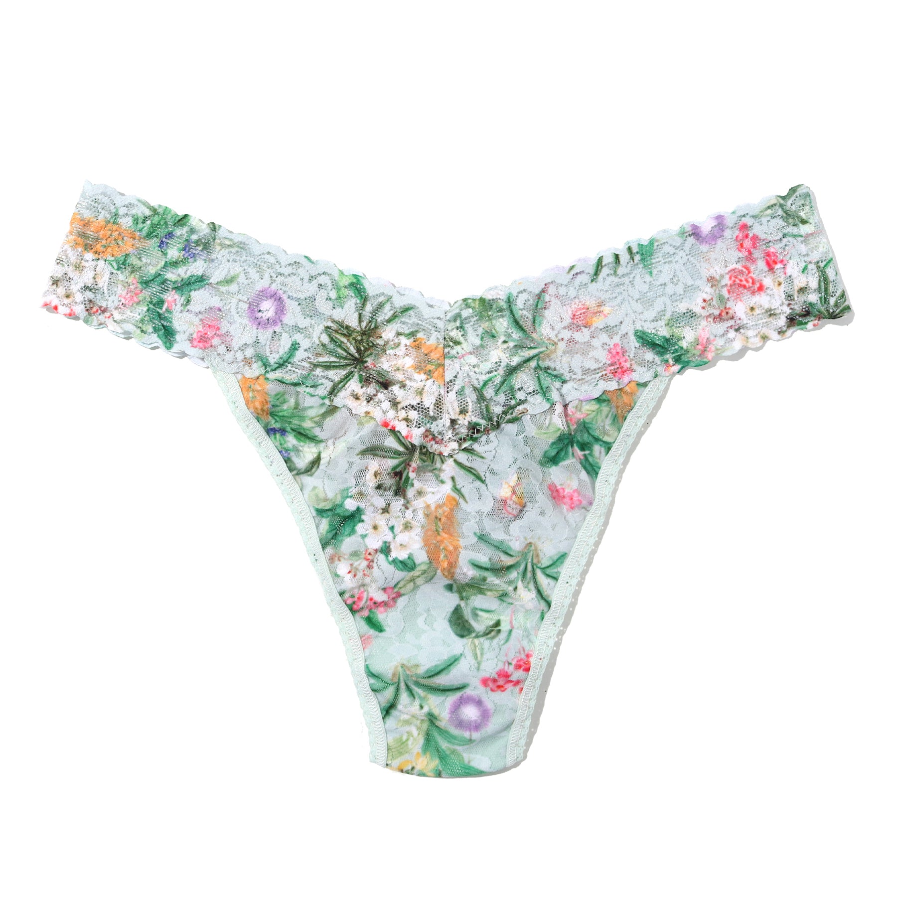 Flat lay of a floral lace thong in a pastel botanical print with scalloped lace trim.