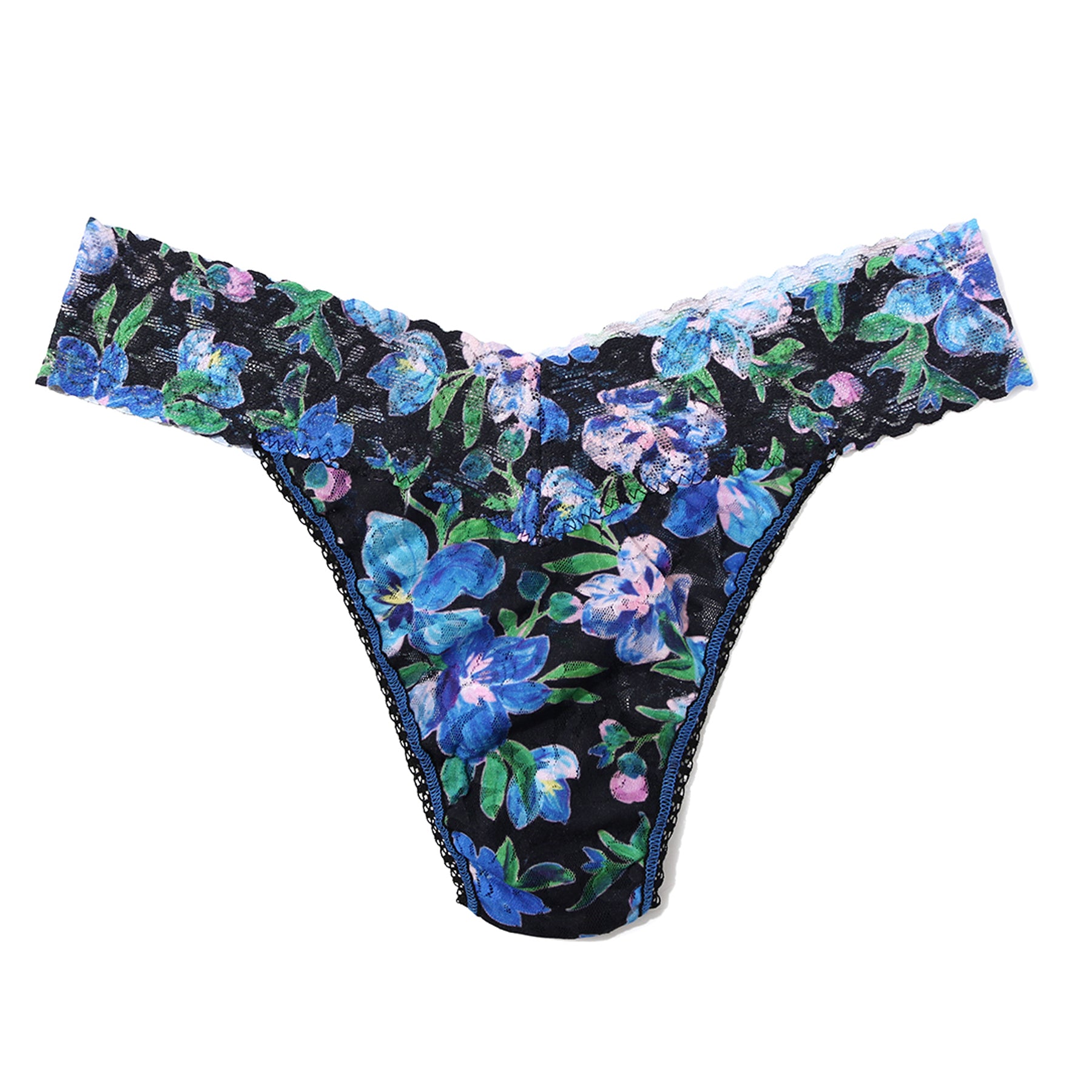 Flat lay of the Hanky Panky Signature Lace Low Rise Thong in Ocean Blooms with a blue floral print, stretch lace waistband, and low-rise design.