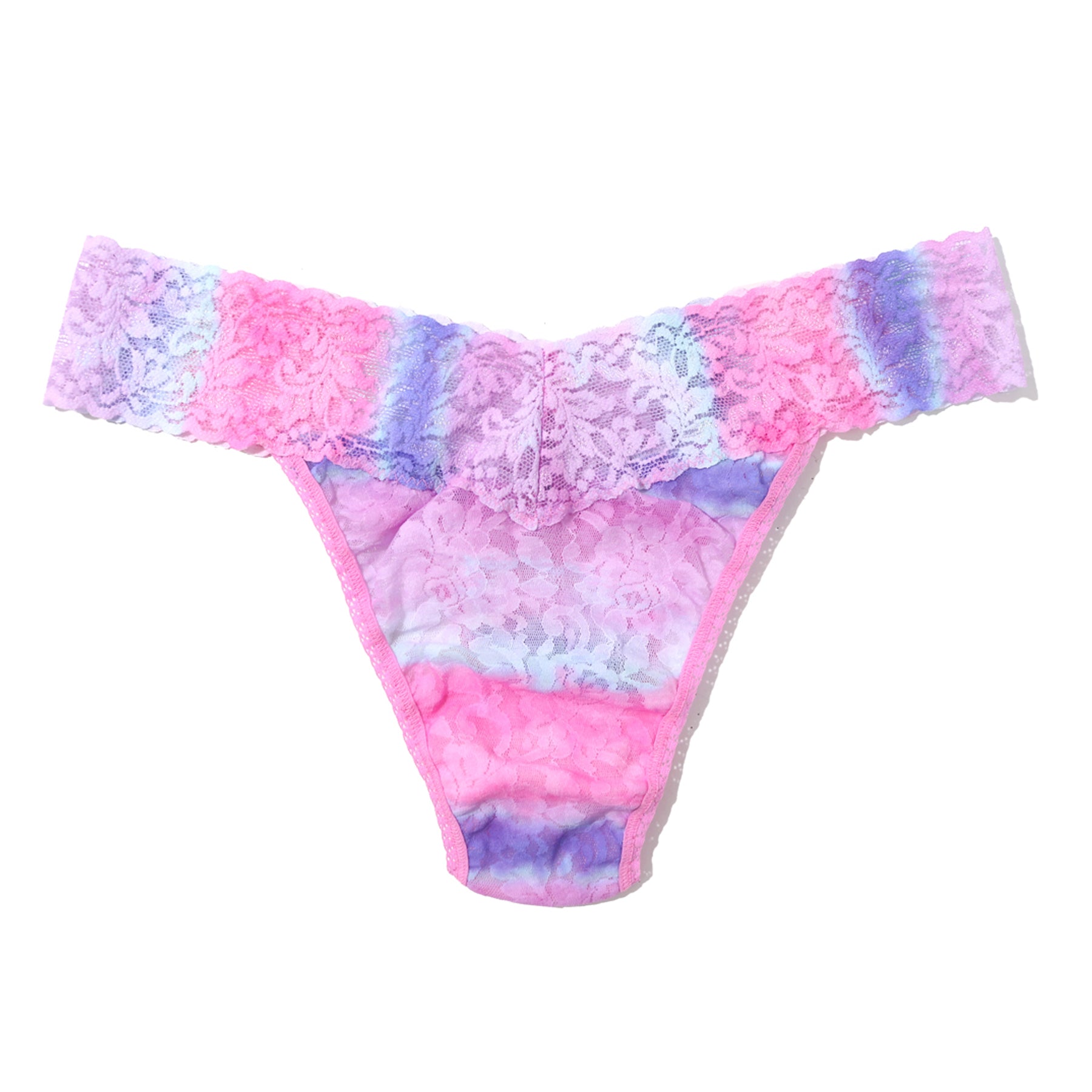 Pink pastel tie-dye lace thong underwear flat lay with floral lace waistband and soft stretch fabric.