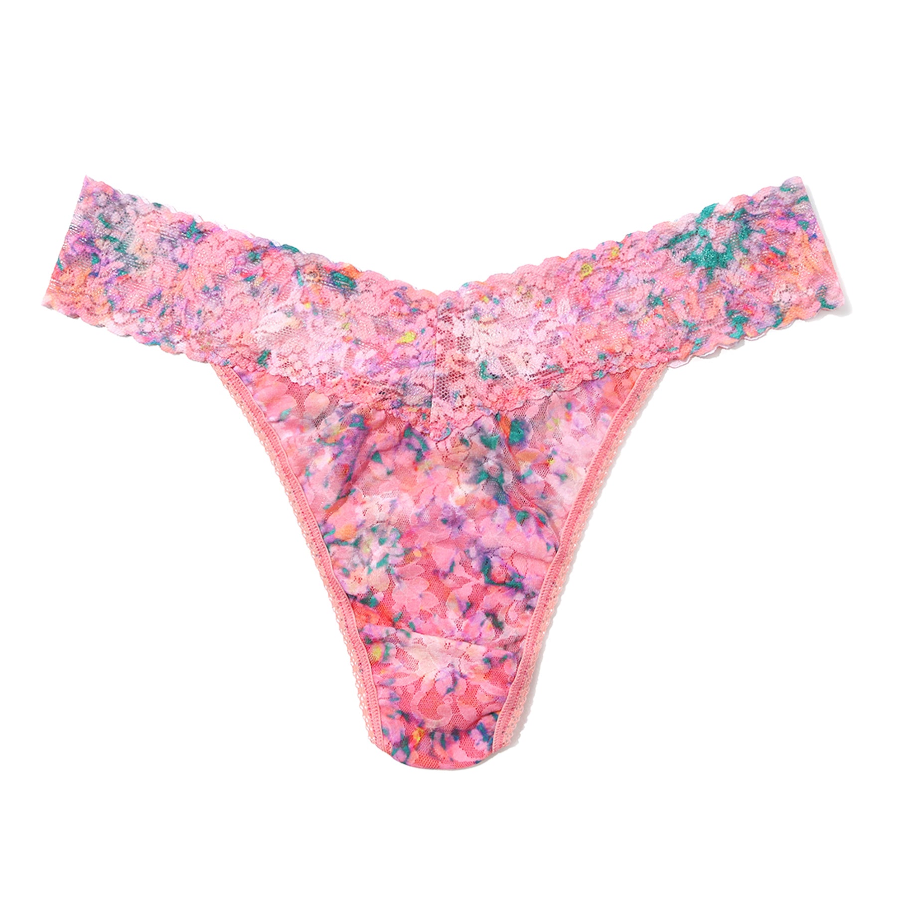 Hanky Panky Printed Original Rise Thong in Blushing Blooms with a vibrant pink floral print, signature lace waistband, and comfortable stretch design.