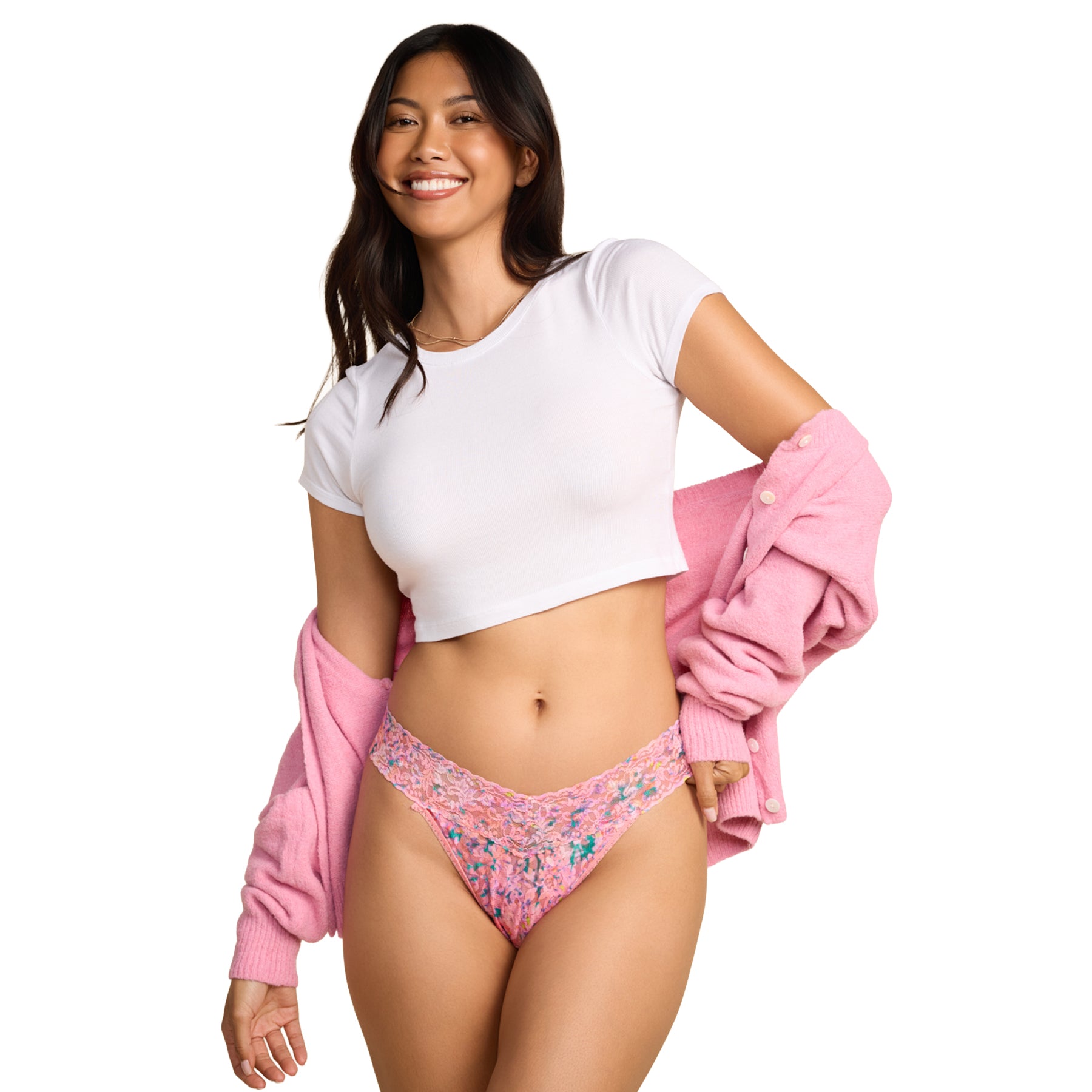 Model wearing the Hanky Panky Printed Original Rise Thong in Blushing Blooms, showcasing a colorful floral print and signature lace trim.