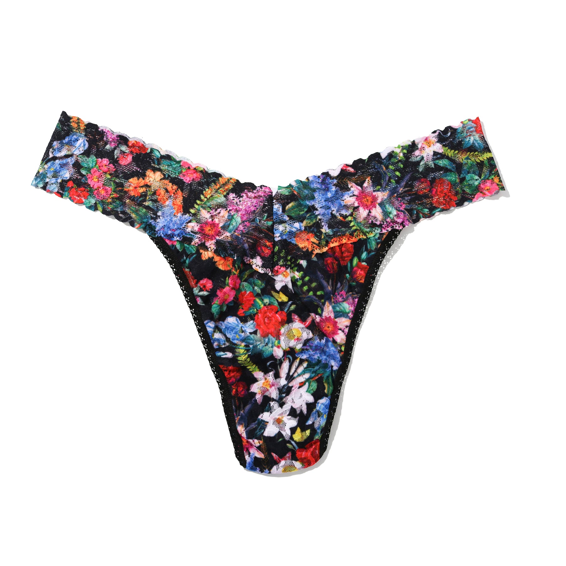 Hanky Panky Hypnotic floral lace thong laid flat, showing detailed print and lace waistband.