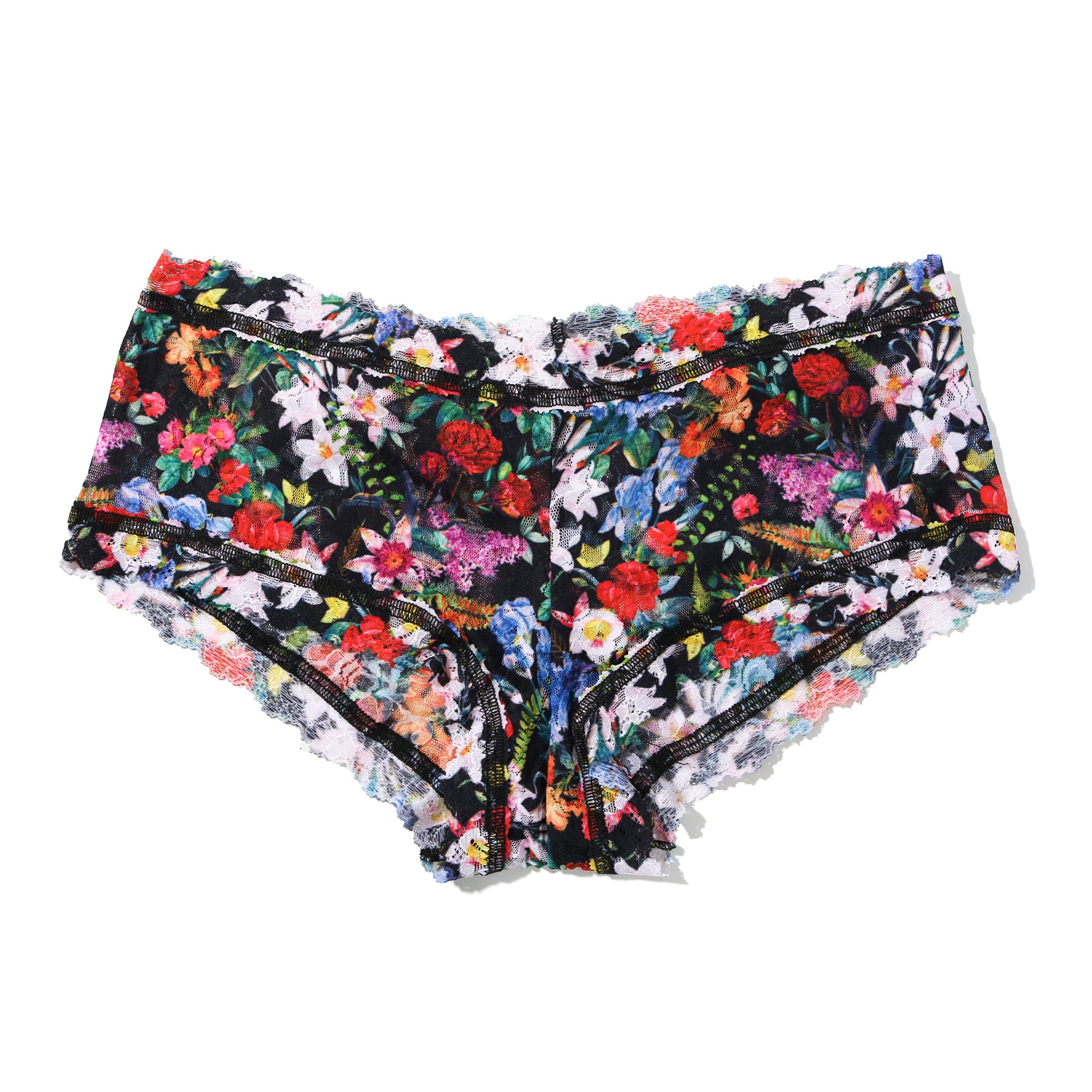 Flat lay of Hanky Panky floral lace boyshort in the Hypnotic print with multicolour blossoms on black lace.