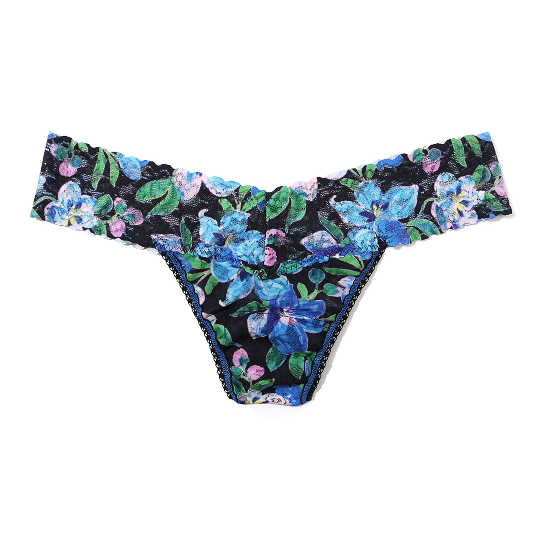 Flat lay of the Hanky Panky Signature Lace Low Rise Thong in Ocean Blooms featuring a black lace base with a vibrant blue floral print, low-rise silhouette, and stretch lace waistband.