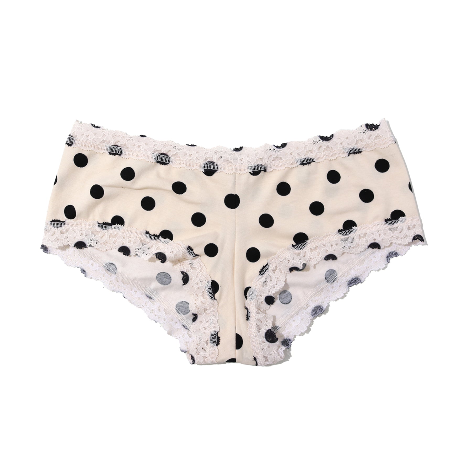 Back view of cream boyshort underwear with black polka dots and soft lace edging for a smooth finish