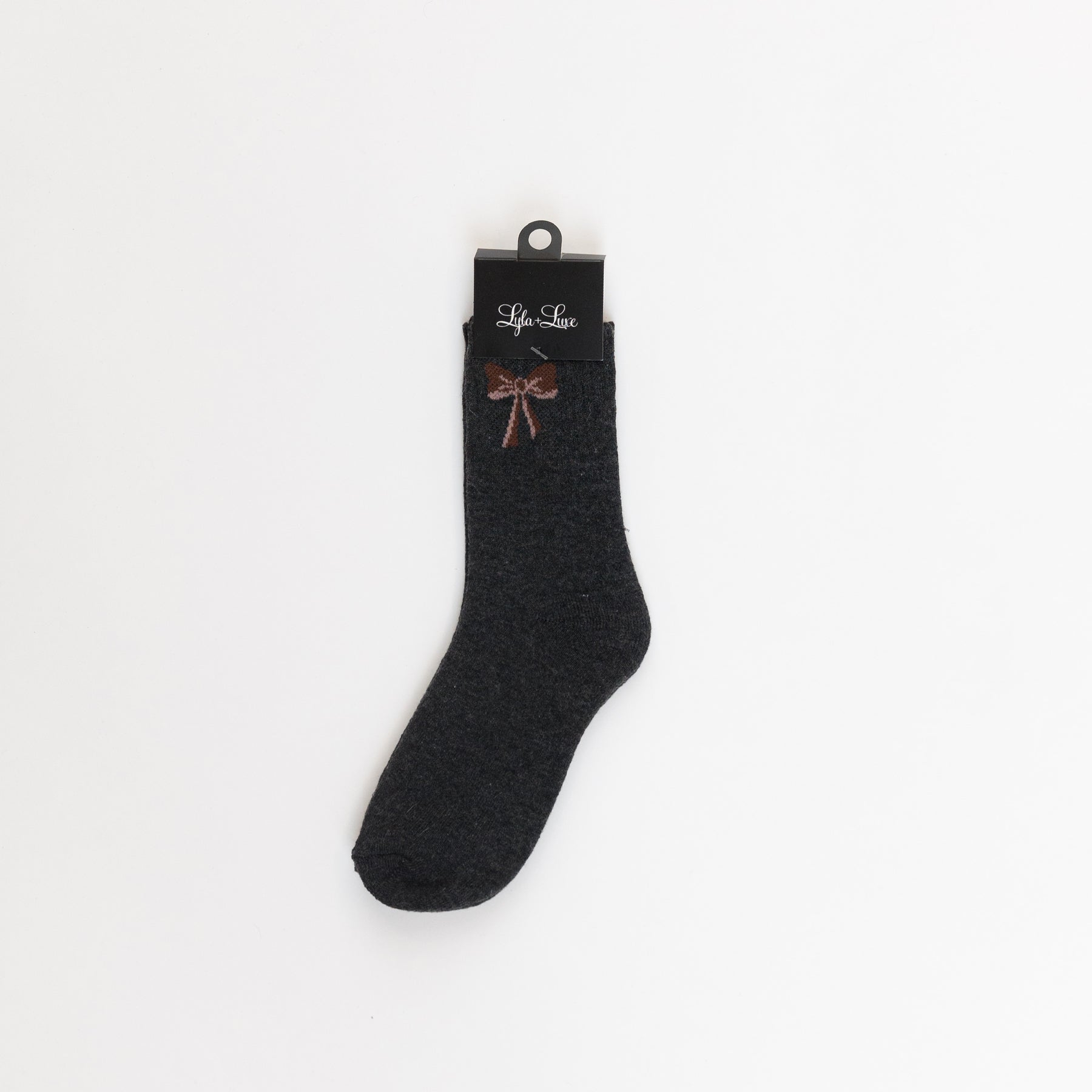 Dark grey women’s crew sock with brown bow detail near the cuff.