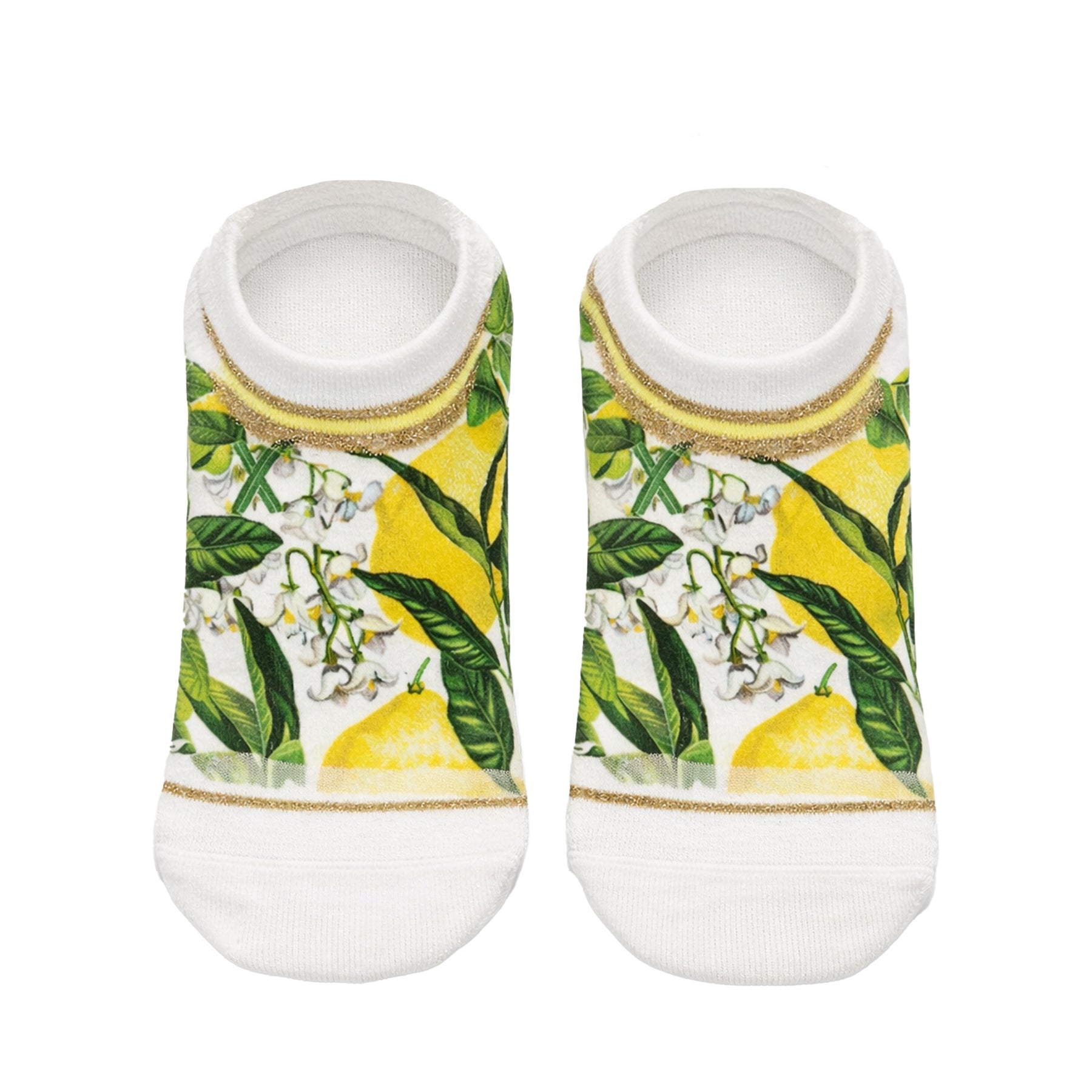 Pair of lemon and floral print no-show socks with yellow lemons, white blossoms, green leaves, ivory background and metallic gold stripe trim.