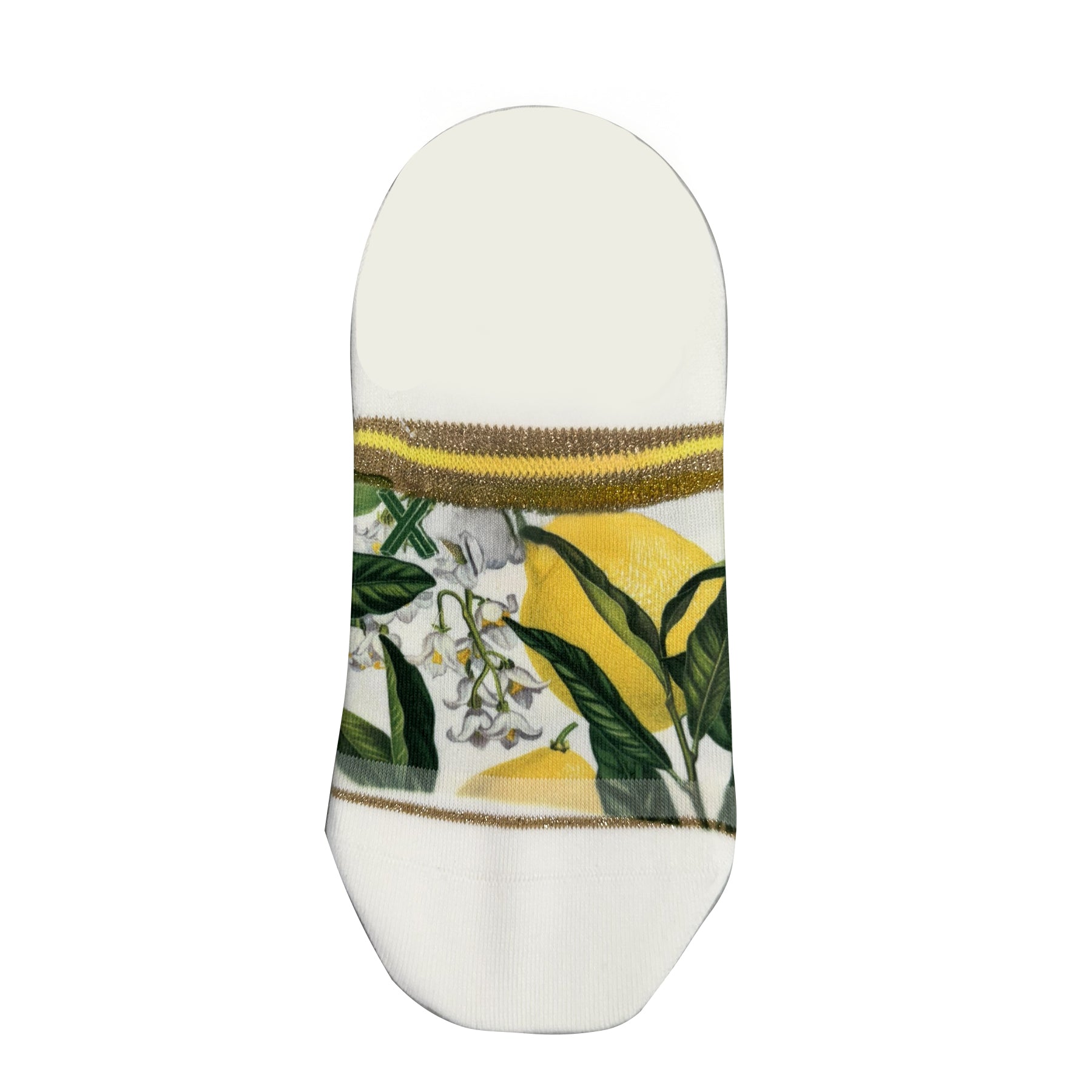 Back view of lemon and floral print no-show sock with ivory heel, citrus pattern and metallic gold and yellow stripe trim.