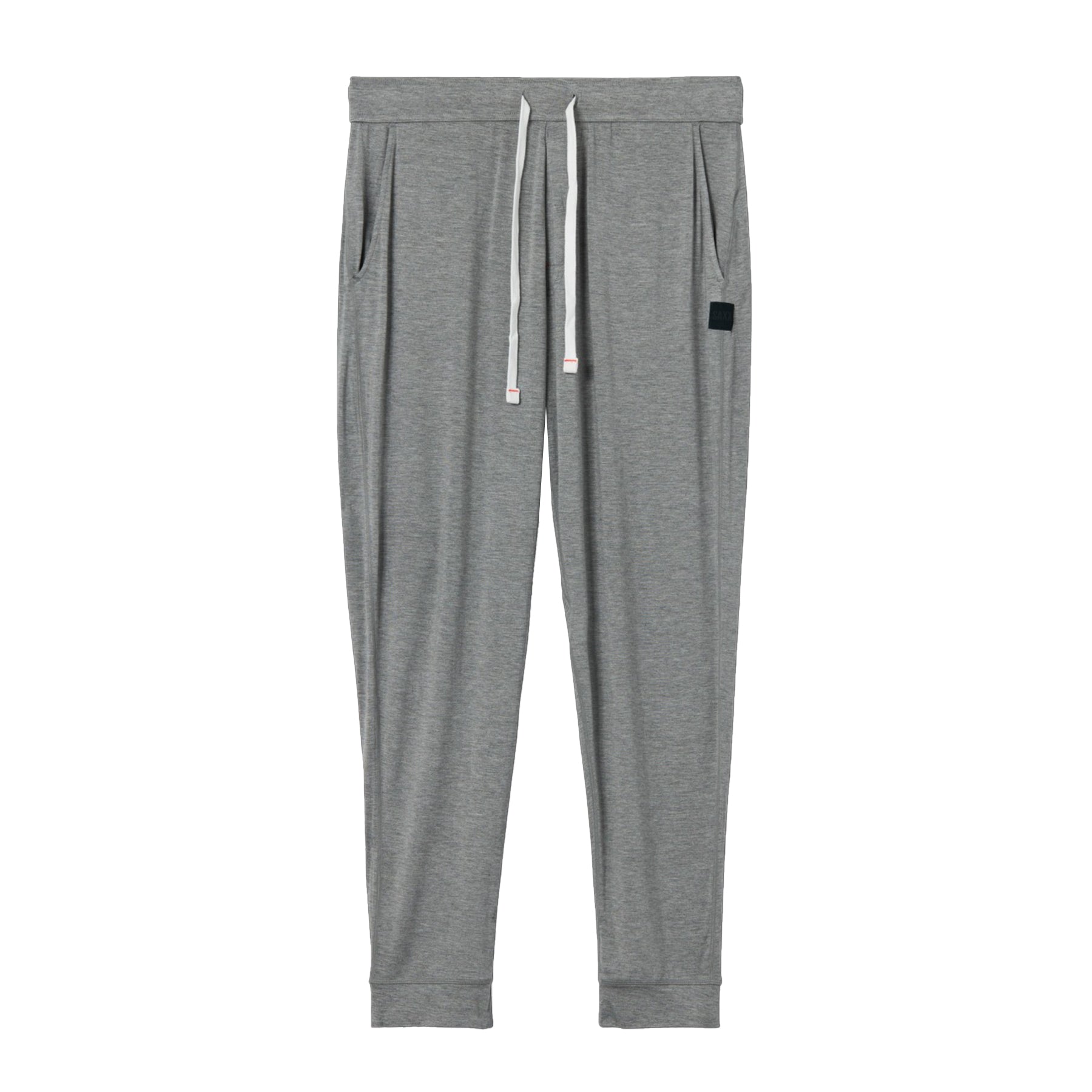 Light grey drawstring lounge pants with side pockets and cuffed hems, laid flat.