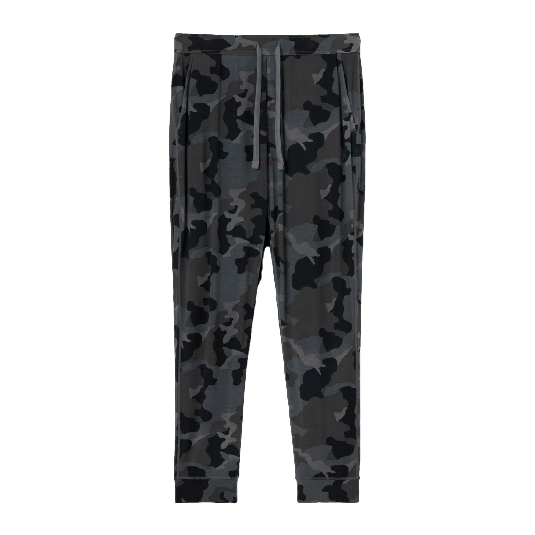 Dark camouflage print drawstring lounge pants with pockets and cuffed hems, laid flat.