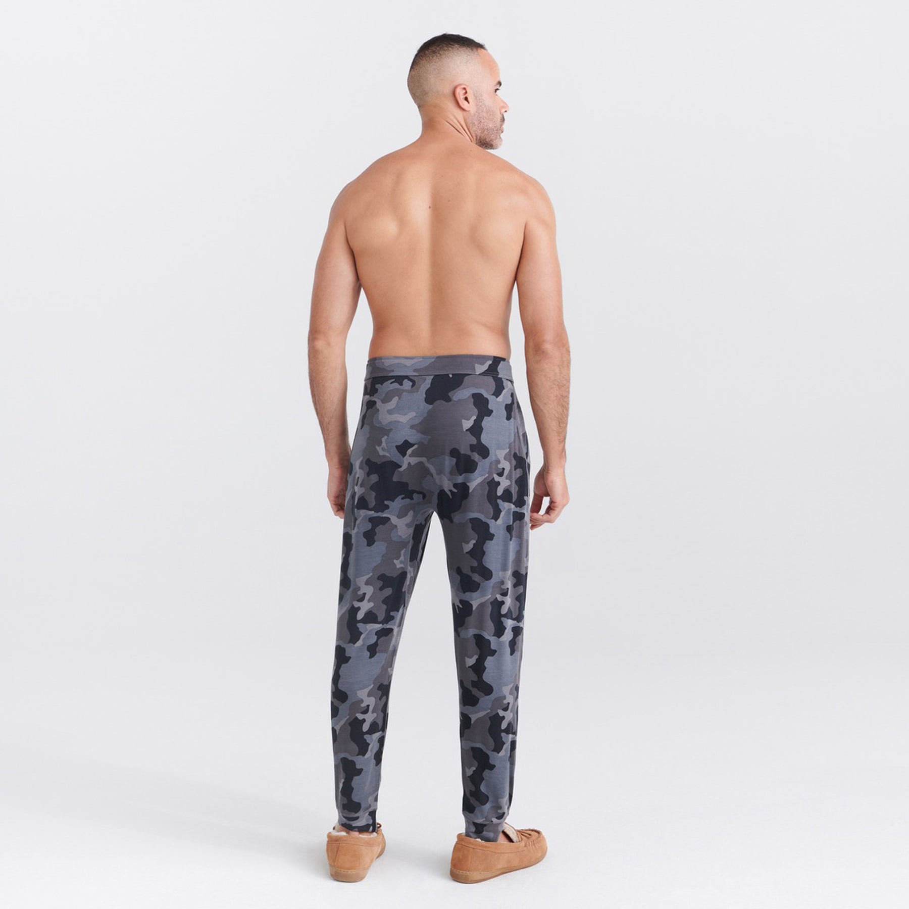 Dark camo lounge pants with relaxed fit and tapered legs, shown from the back.