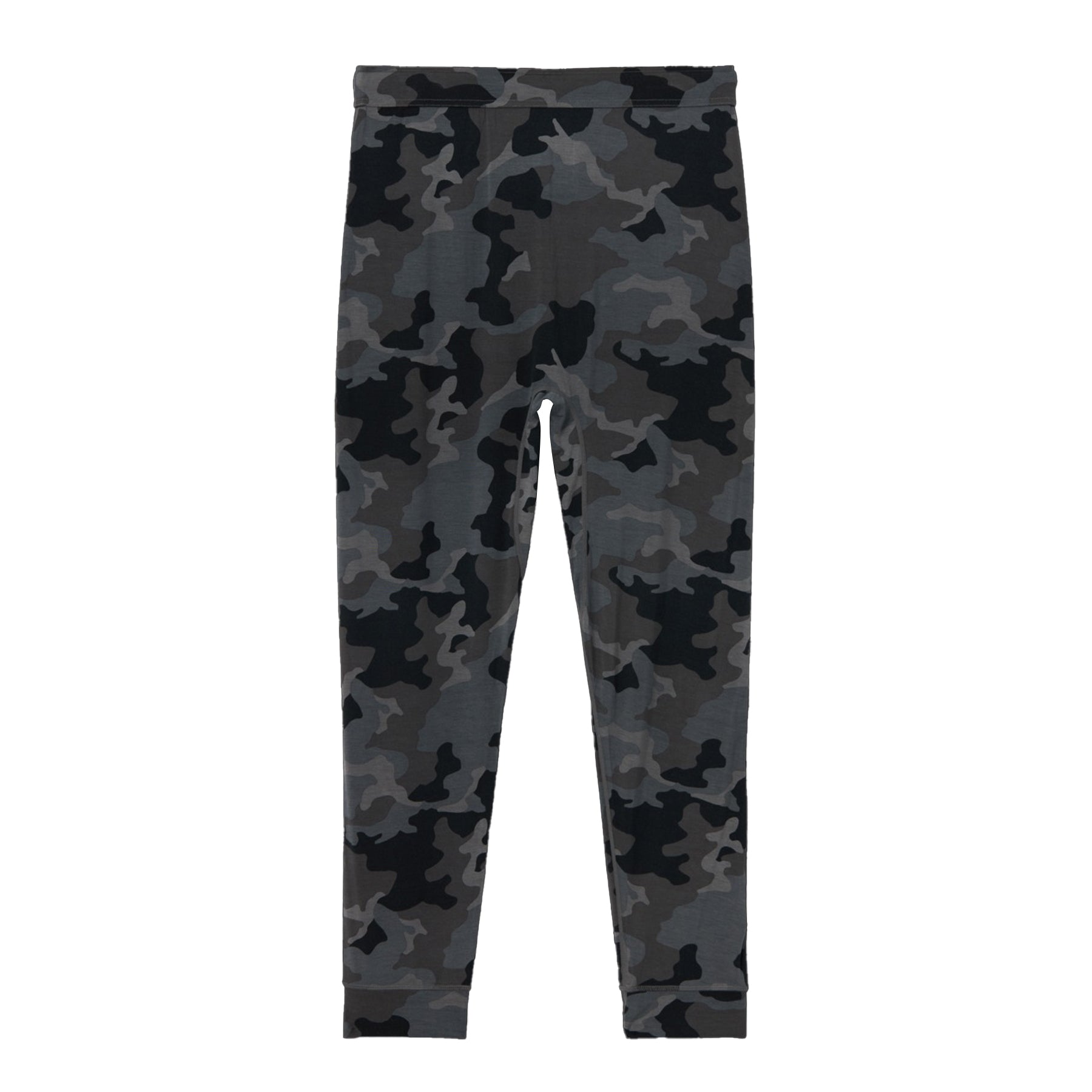 Dark camo print lounge pants with elastic waistband and slim tapered fit.
