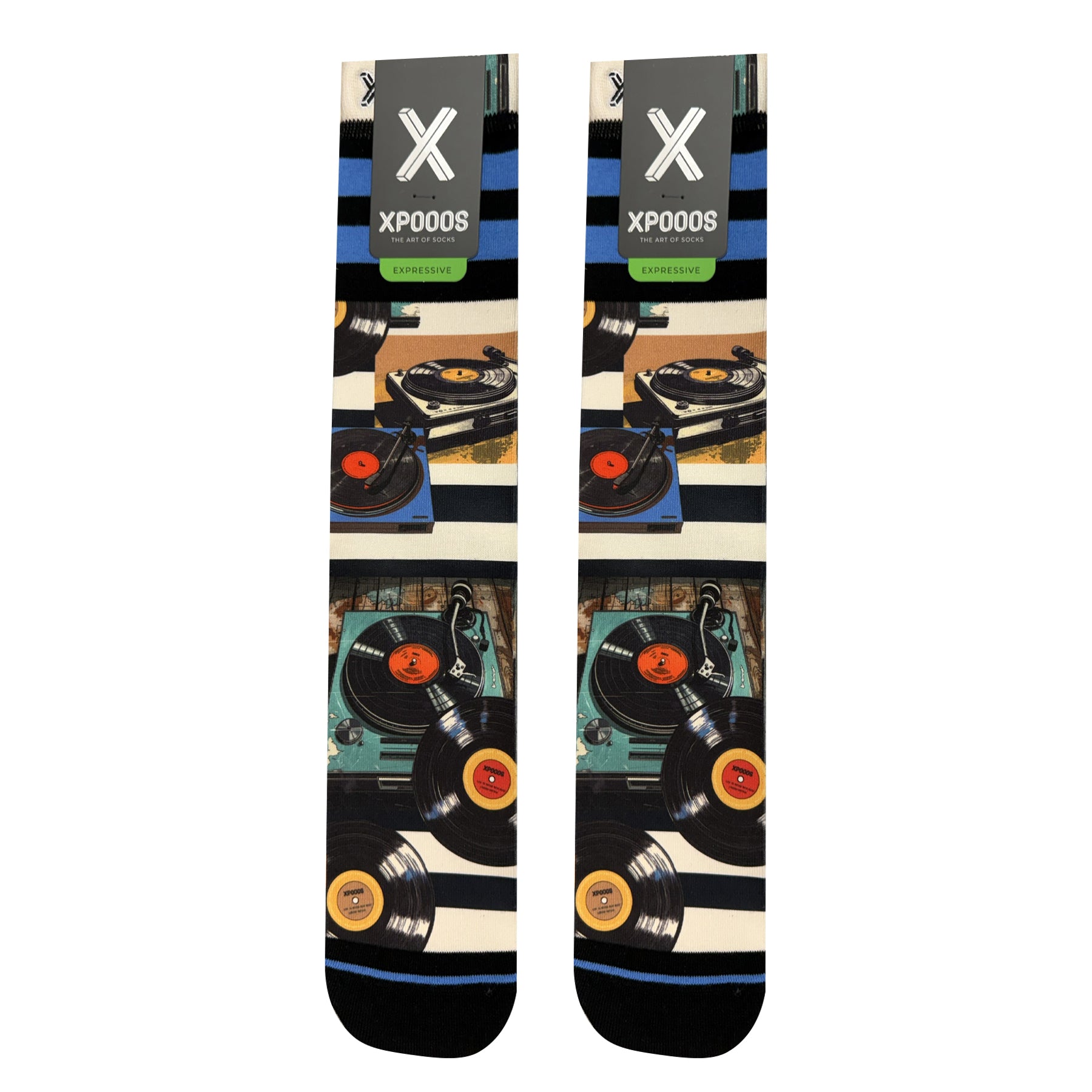 Men’s crew socks with vinyl record and turntable print over black, white, and blue stripes, XPOOOS branded packaging attached.