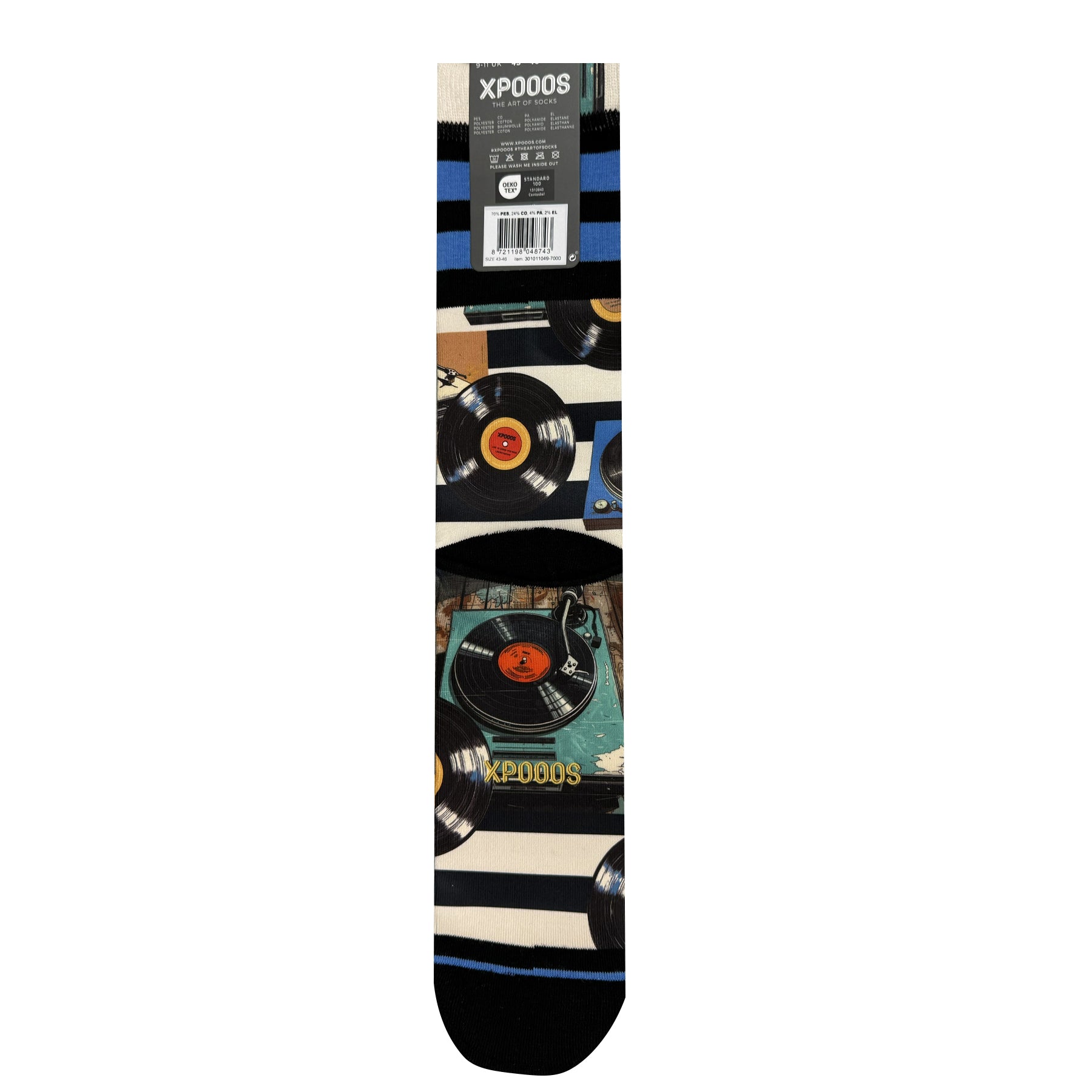 Back view of men’s music-themed crew socks featuring vinyl records and turntables, striped cuff, black heel and toe, and XPOOOS product label.