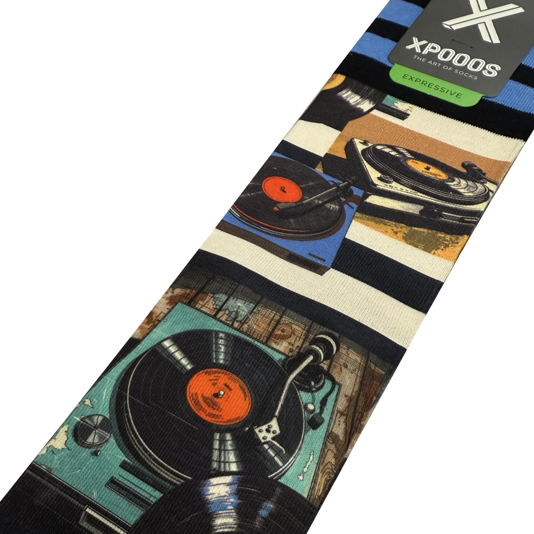 Close-up of men’s vinyl record socks showing detailed turntable graphic with red label LP on striped background.