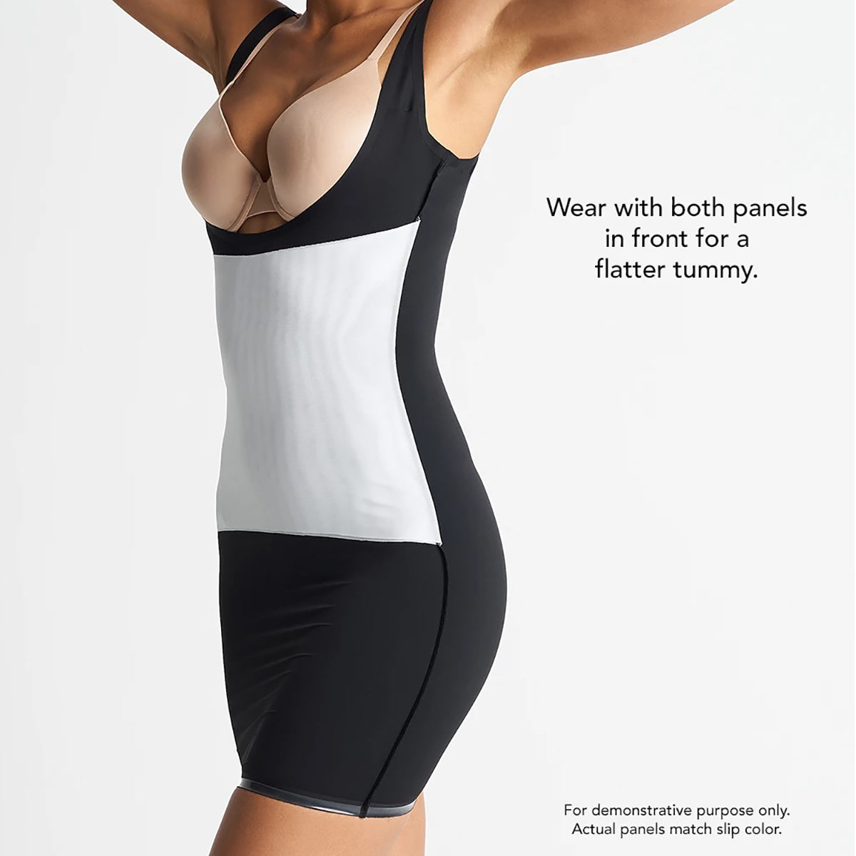 Yummie 3-in-1 Wear Your Own Bra Shaping Slip YT3-174 in black on model front showing panels